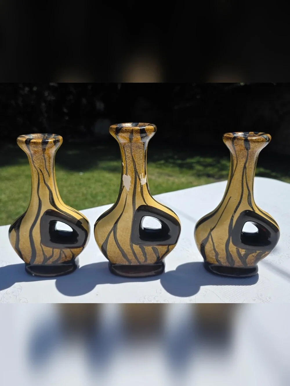 VTG Mid-Century Modern Yellow & Black Pierced Ceramic Candlestick Trio - As Is